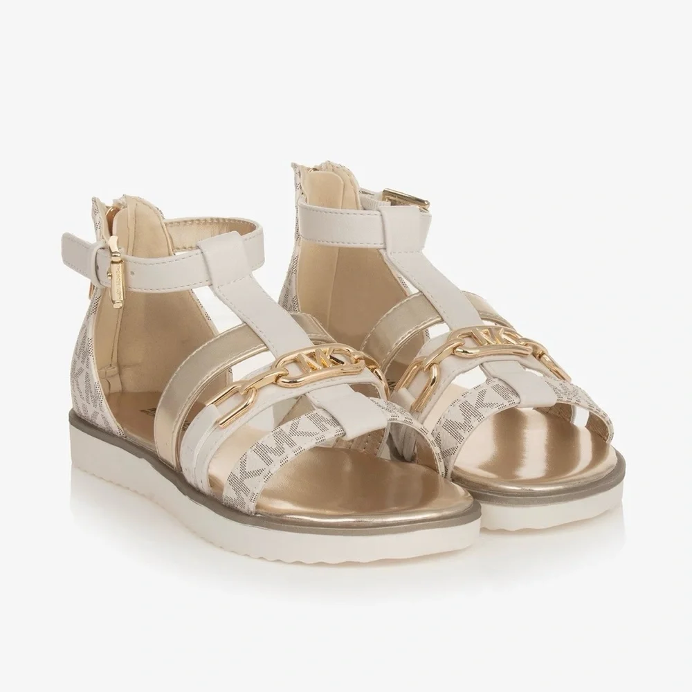 MICHAEL Michael Kors White and Gold Logo Strappy Sandals